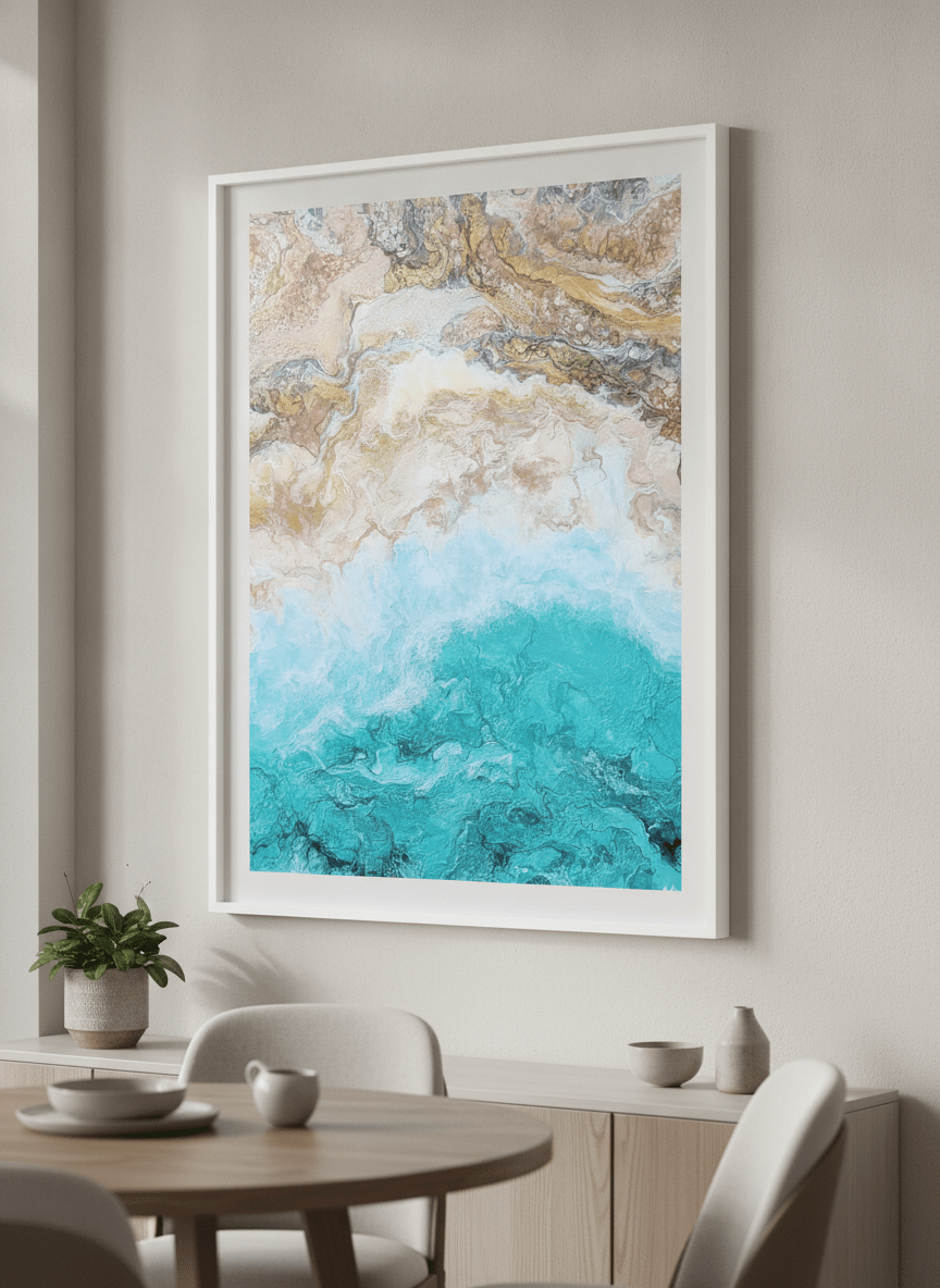 Wall art styled above a dining table in a contemporary home