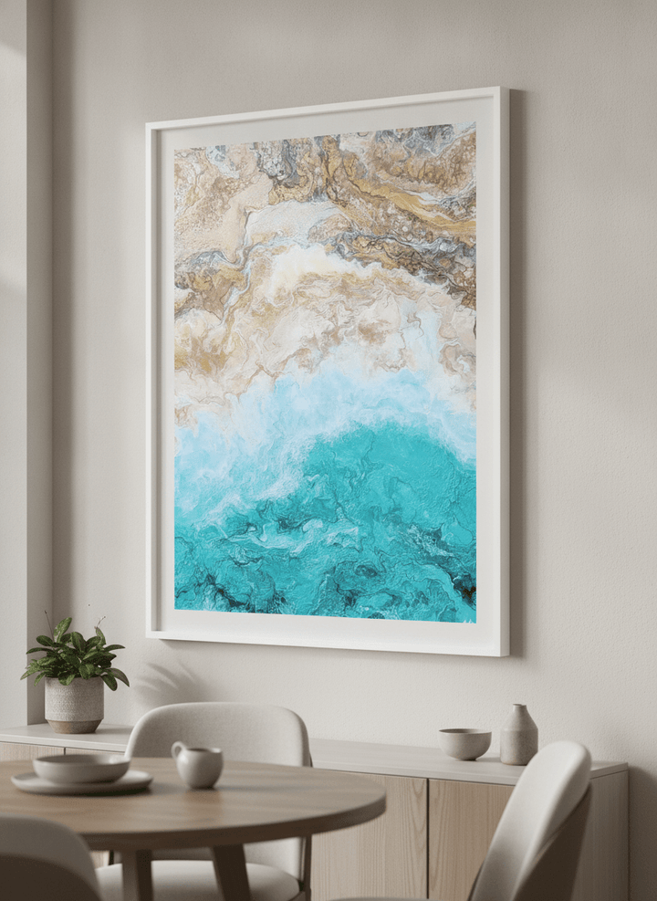 Wall art styled above a dining table in a contemporary home
