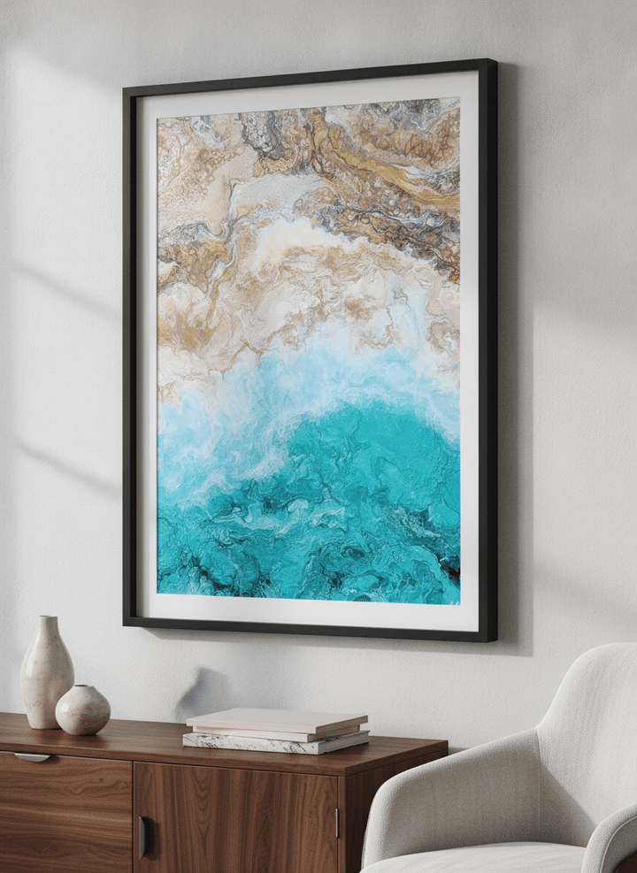 Modern wall art styled above a sofa in a neutral living room