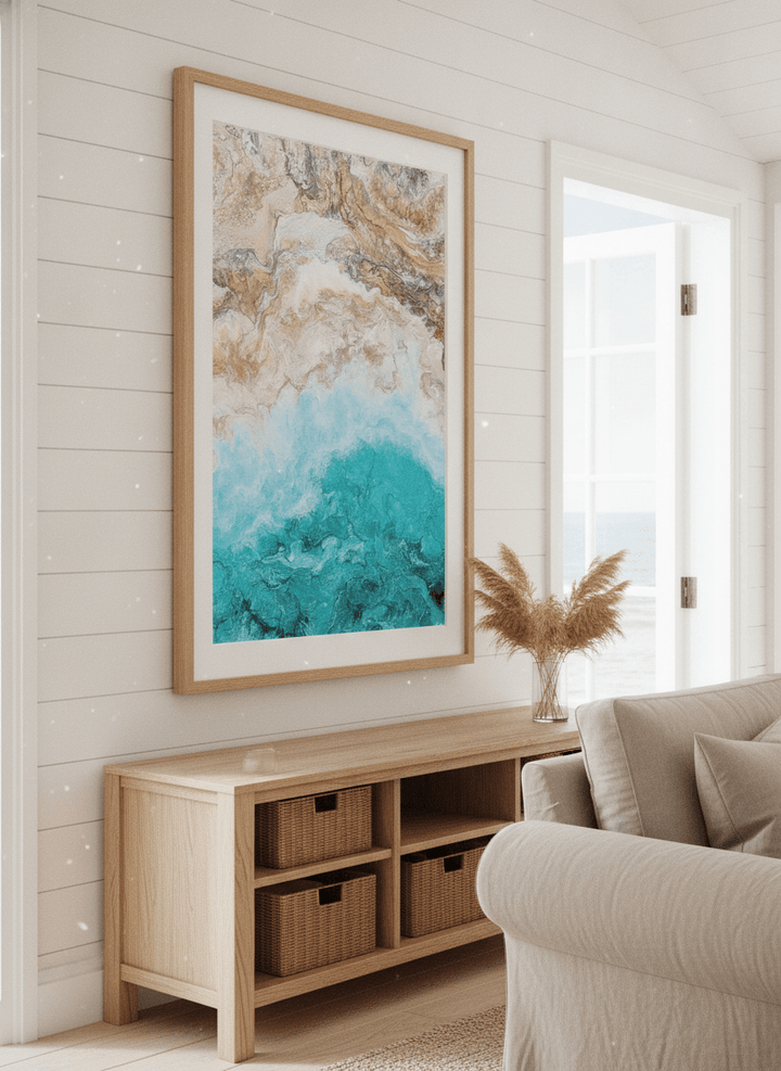 Neutral wall art displayed in a sunny coastal beach house