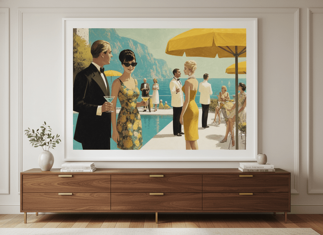 Monumental artwork centred on a feature wall in a luxe interior