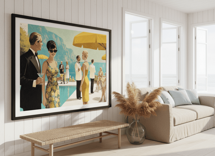 Neutral wall art displayed in a sunny coastal beach house
