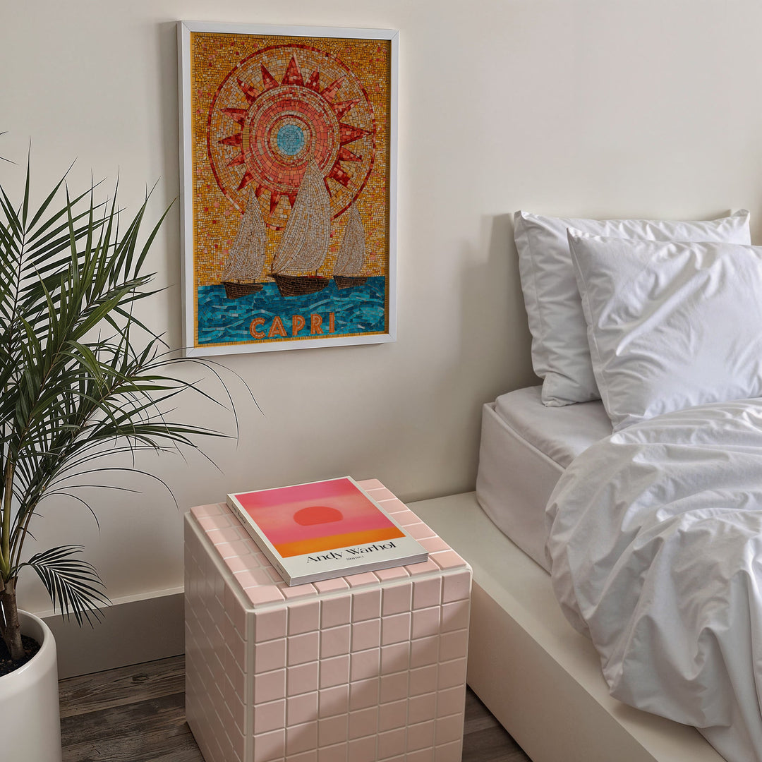 Modern bedroom with a bed, side table, and artwork on wall