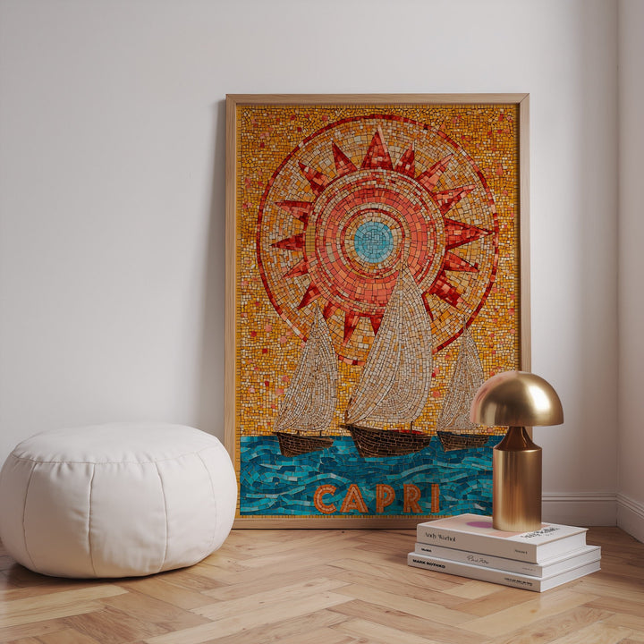 Decorative mosaic art piece with sailboats and 'Capri' text in a room setting.