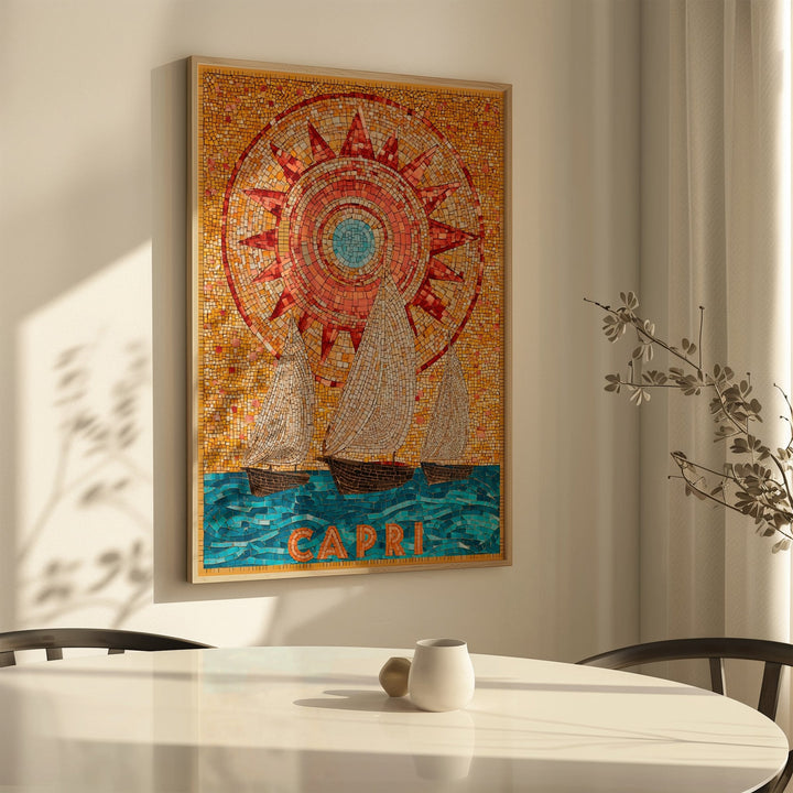 Decorative mosaic artwork with sun and sailboats on a wall above a table.