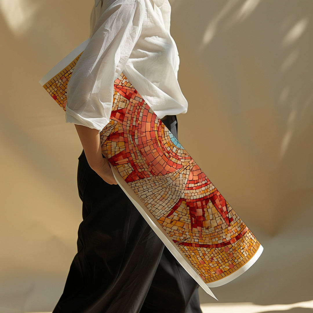 Person holding a colorful mosaic-patterned object against a neutral background