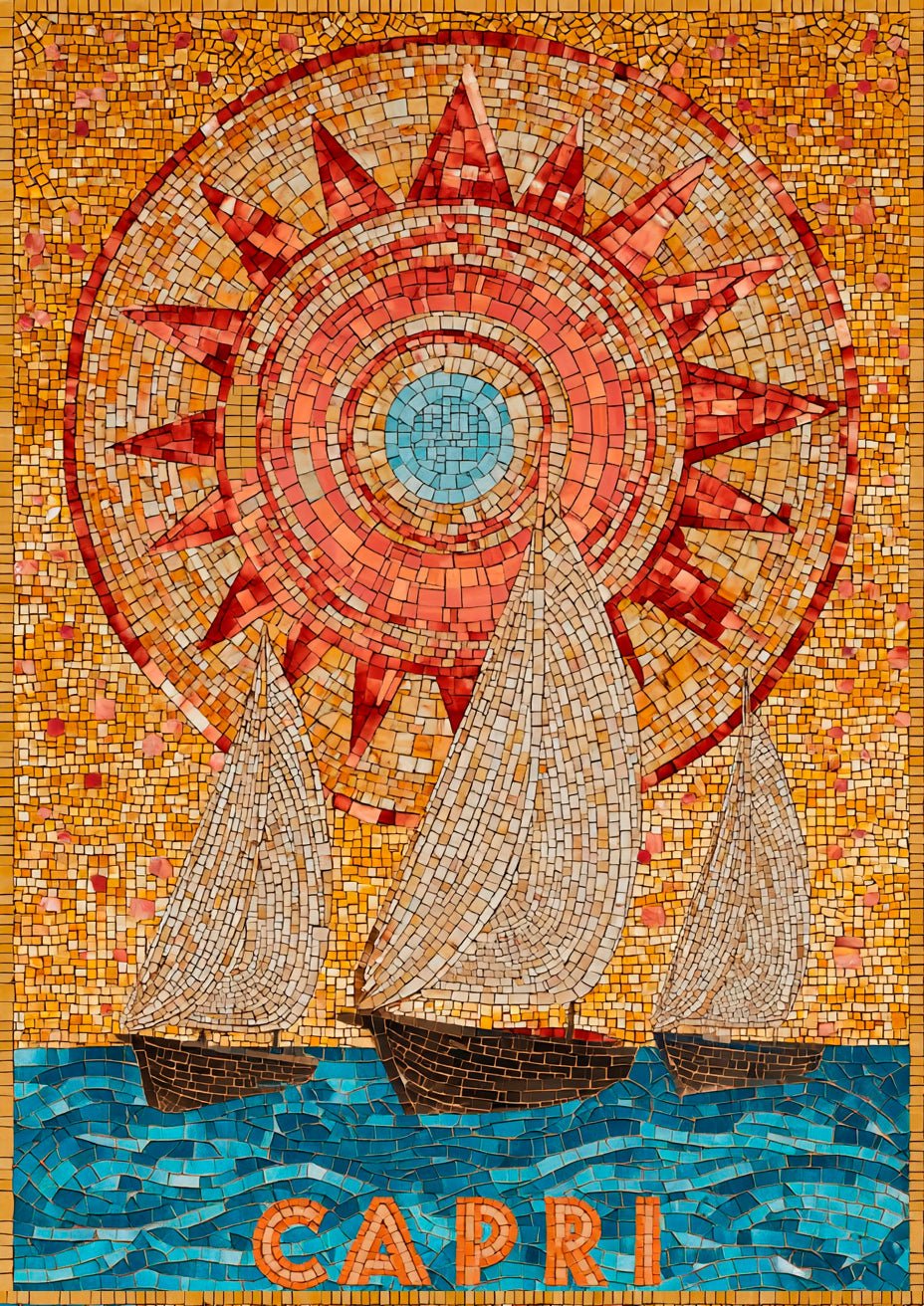 Mosaic artwork of three sailboats under a sun with 'Capri' below frame