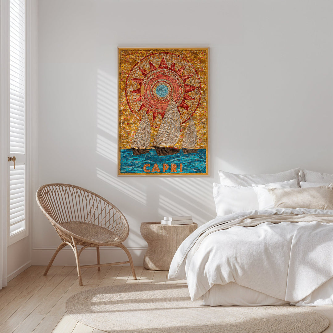 Decorative poster of a ship and sun on a wall above a bed in a bedroom.