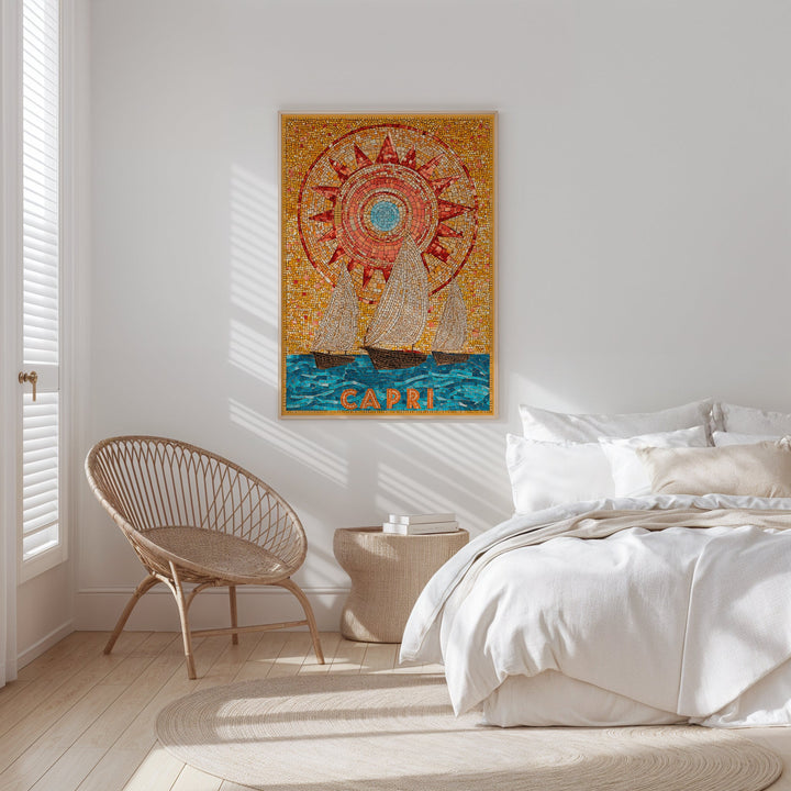Decorative poster of a ship and sun on a wall above a bed in a bedroom.
