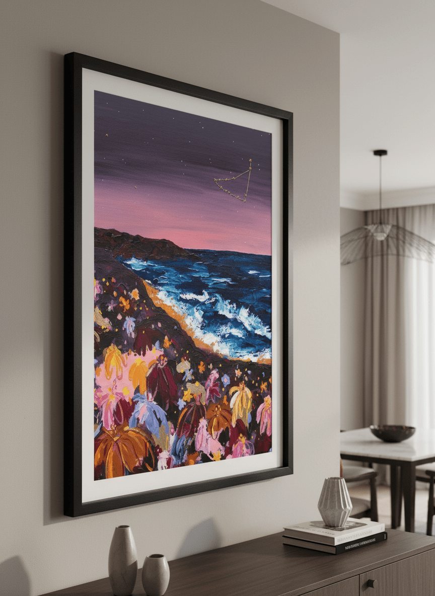 Wall art styled above a dining table in a contemporary home
