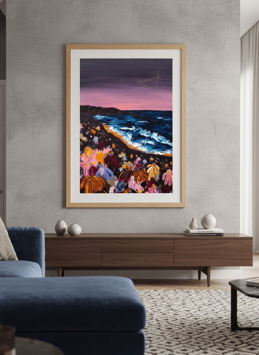 Monumental artwork centred on a feature wall in a luxe interior