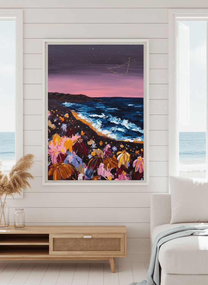 Neutral wall art displayed in a sunny coastal beach house