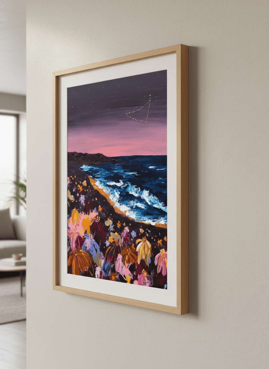 Modern wall art styled above a sofa in a neutral living room