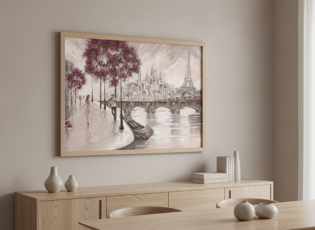 Wall art styled above a dining table in a contemporary home