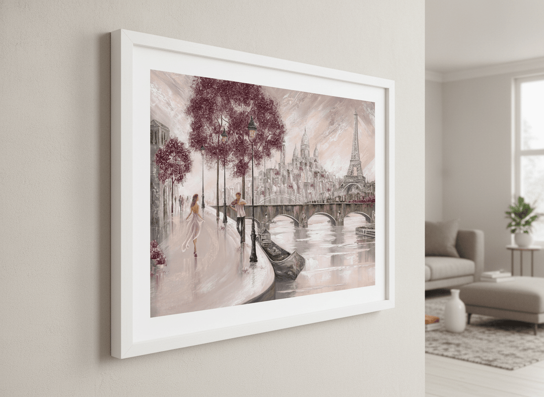 Modern wall art styled above a sofa in a neutral living room