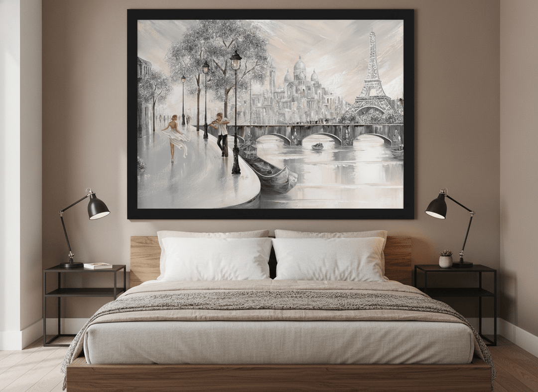 Minimalist artwork displayed in a calm, light-filled bedroom interior