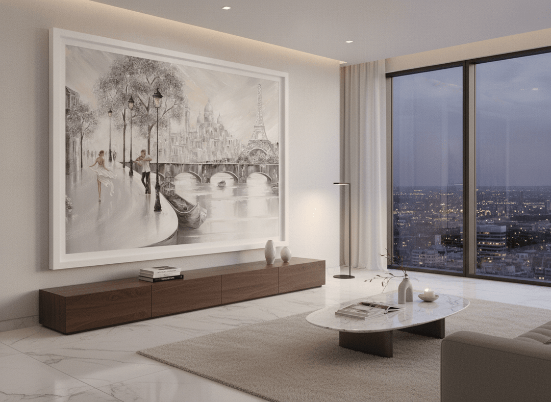 Monumental artwork centred on a feature wall in a luxe interior