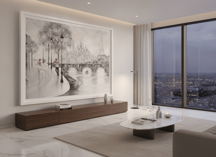 Monumental artwork centred on a feature wall in a luxe interior