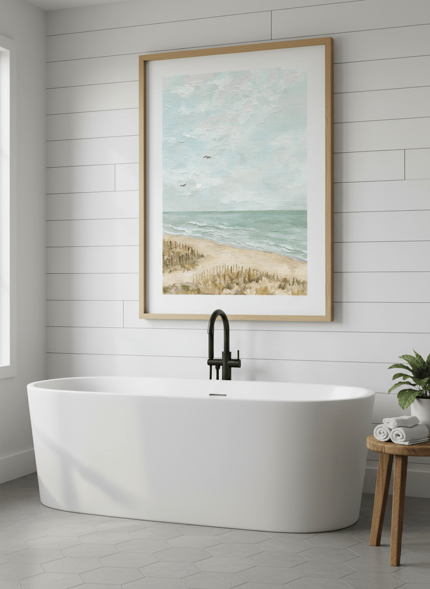 Modern print displayed in a clean minimalist bathroom setting