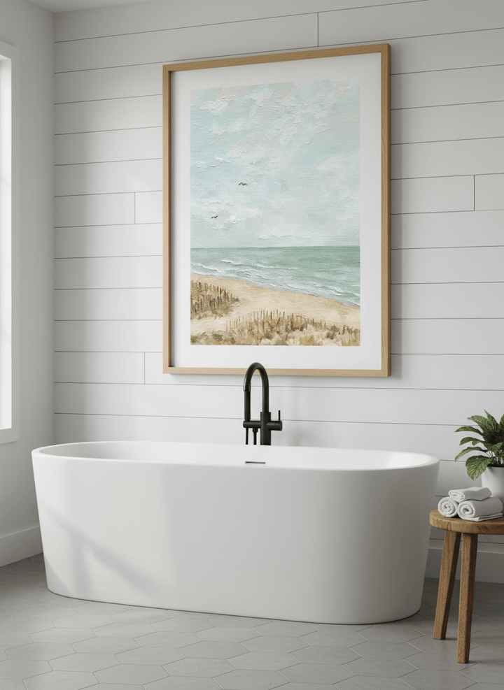 Modern print displayed in a clean minimalist bathroom setting