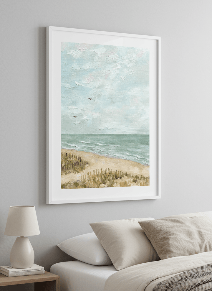 Minimalist artwork displayed in a calm, light-filled bedroom interior