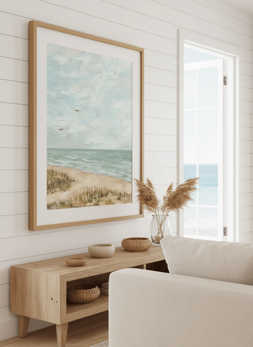 Neutral wall art displayed in a sunny coastal beach house