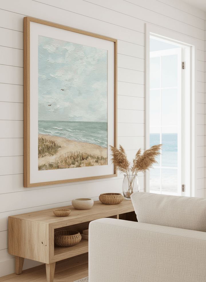 Neutral wall art displayed in a sunny coastal beach house
