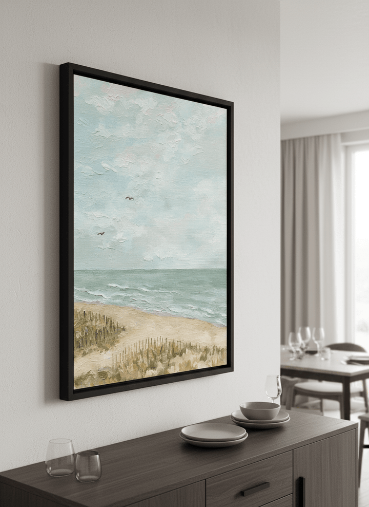 Wall art styled above a dining table in a contemporary home
