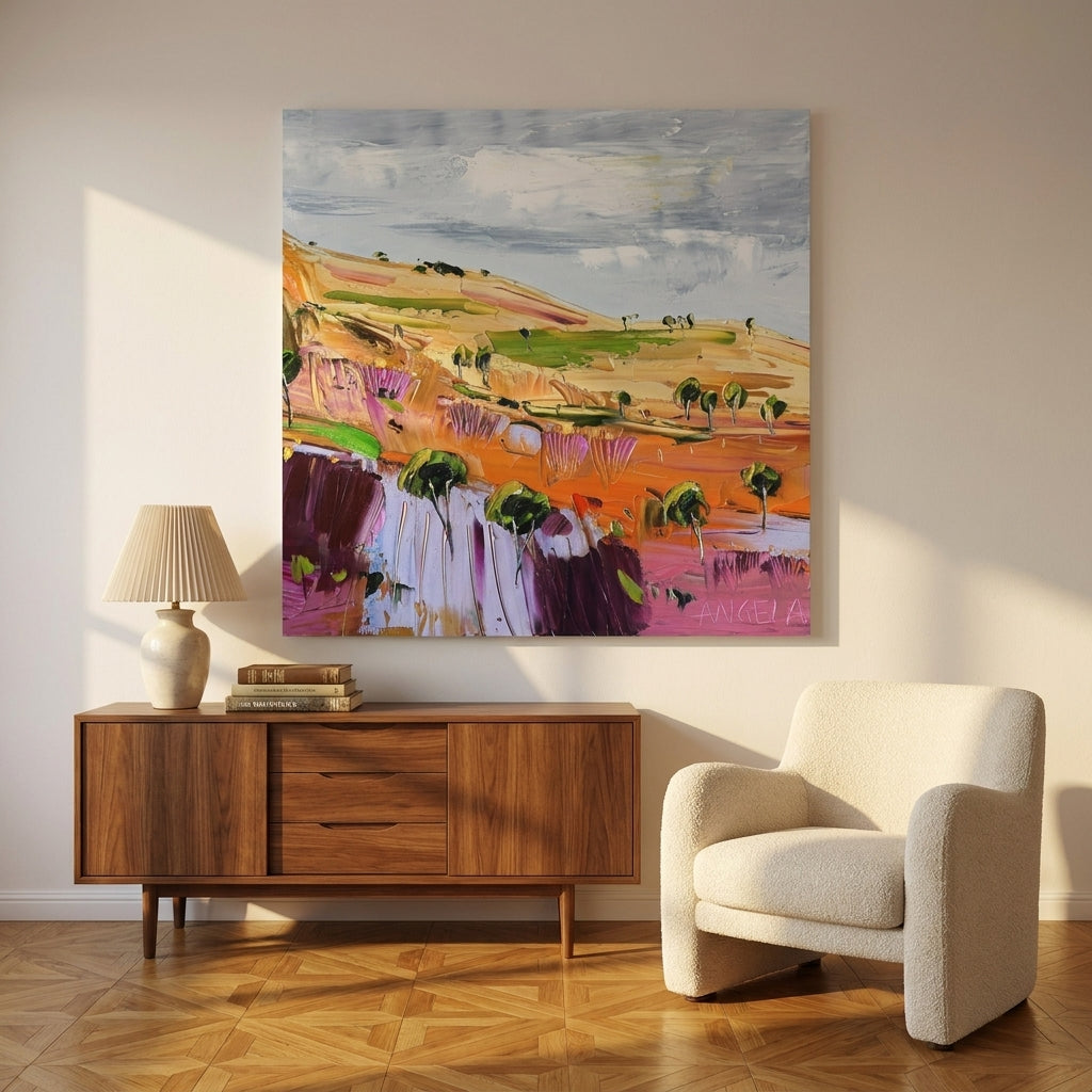 Stretched canvas wall art styled on the wall in a mid-century living room