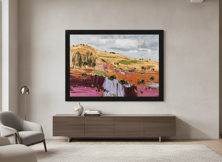 Monumental artwork centred on a feature wall in a luxe interior