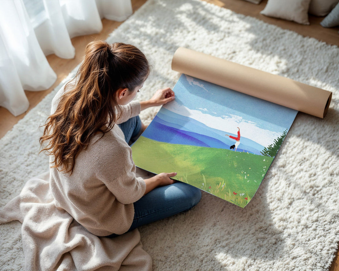 colorful artwork unrolled on carpet