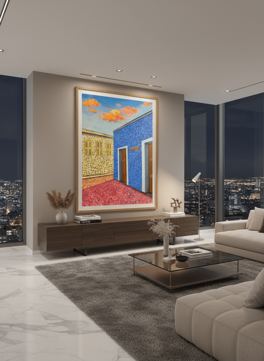 Monumental artwork centred on a feature wall in a luxe interior