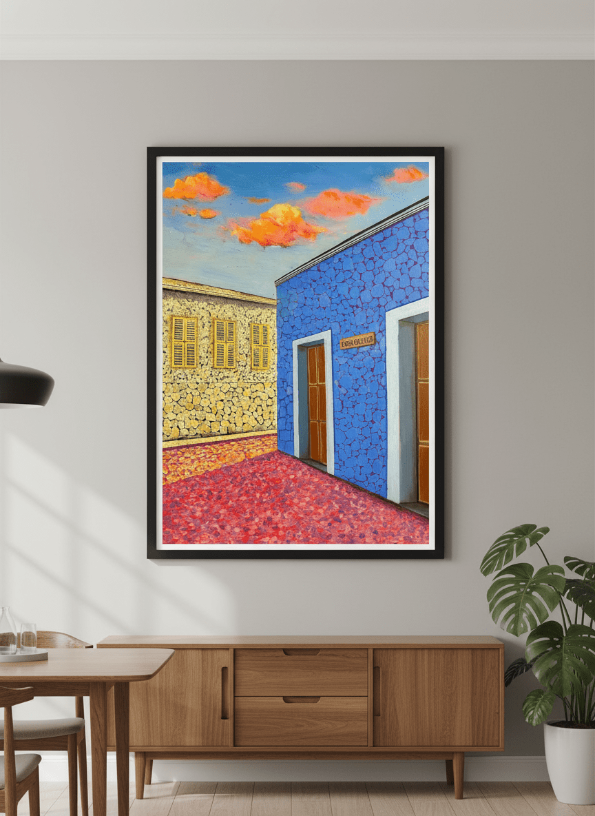 Wall art styled above a dining table in a contemporary home