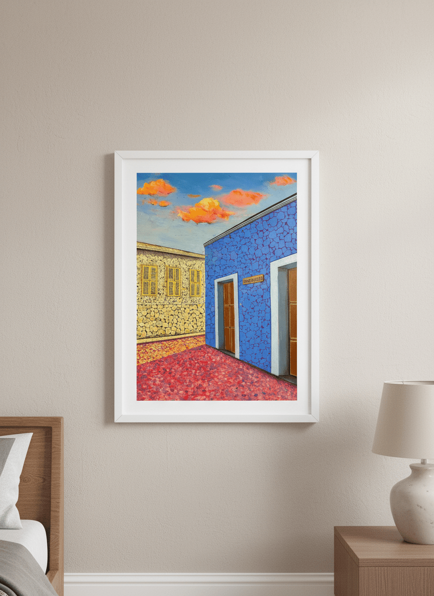 Minimalist artwork displayed in a calm, light-filled bedroom interior