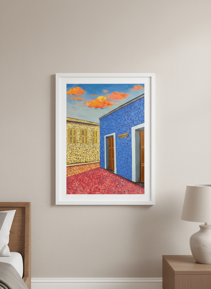 Minimalist artwork displayed in a calm, light-filled bedroom interior