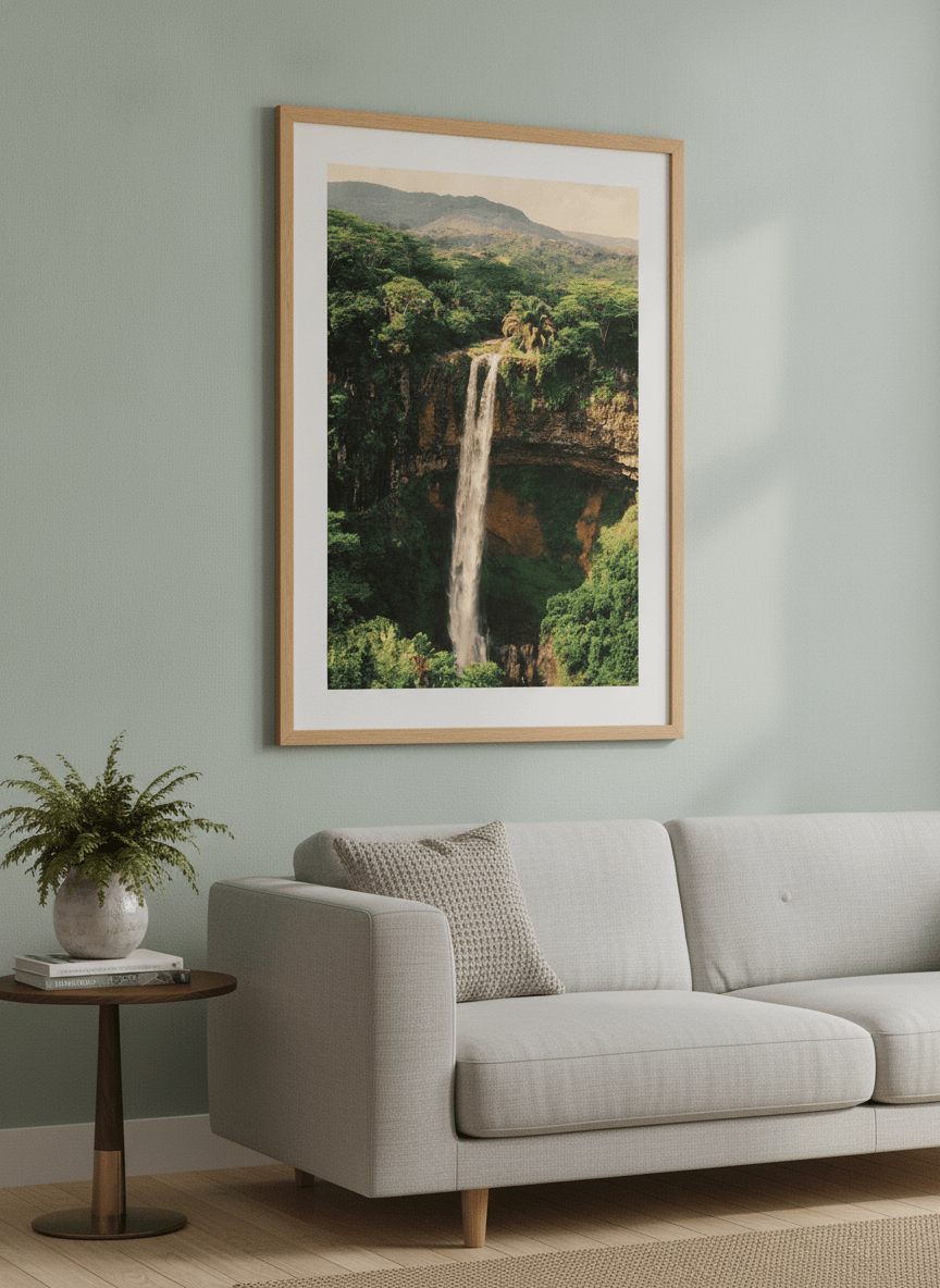 Modern wall art styled above a sofa in a neutral living room