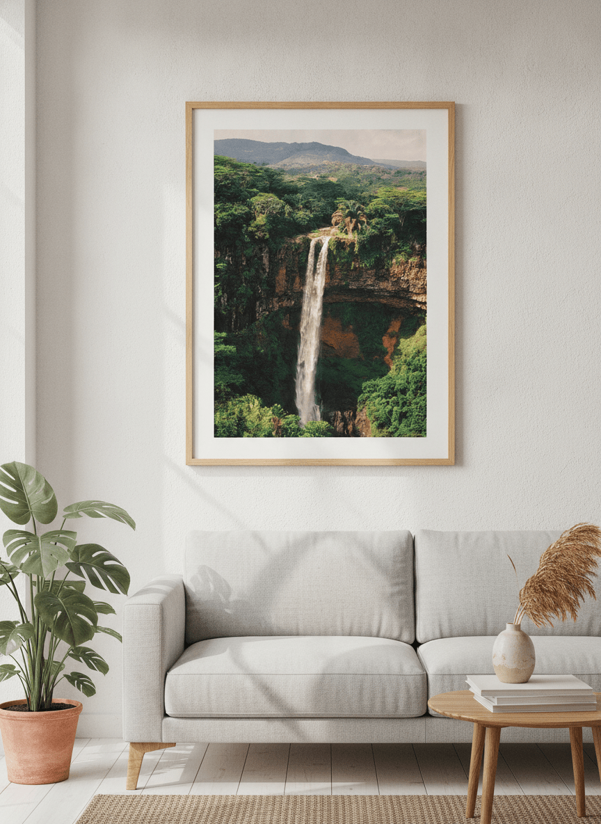 Modern wall art styled above a sofa in a neutral living room