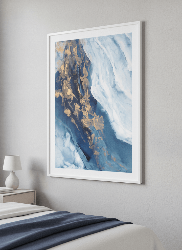 Minimalist artwork displayed in a calm, light-filled bedroom interior