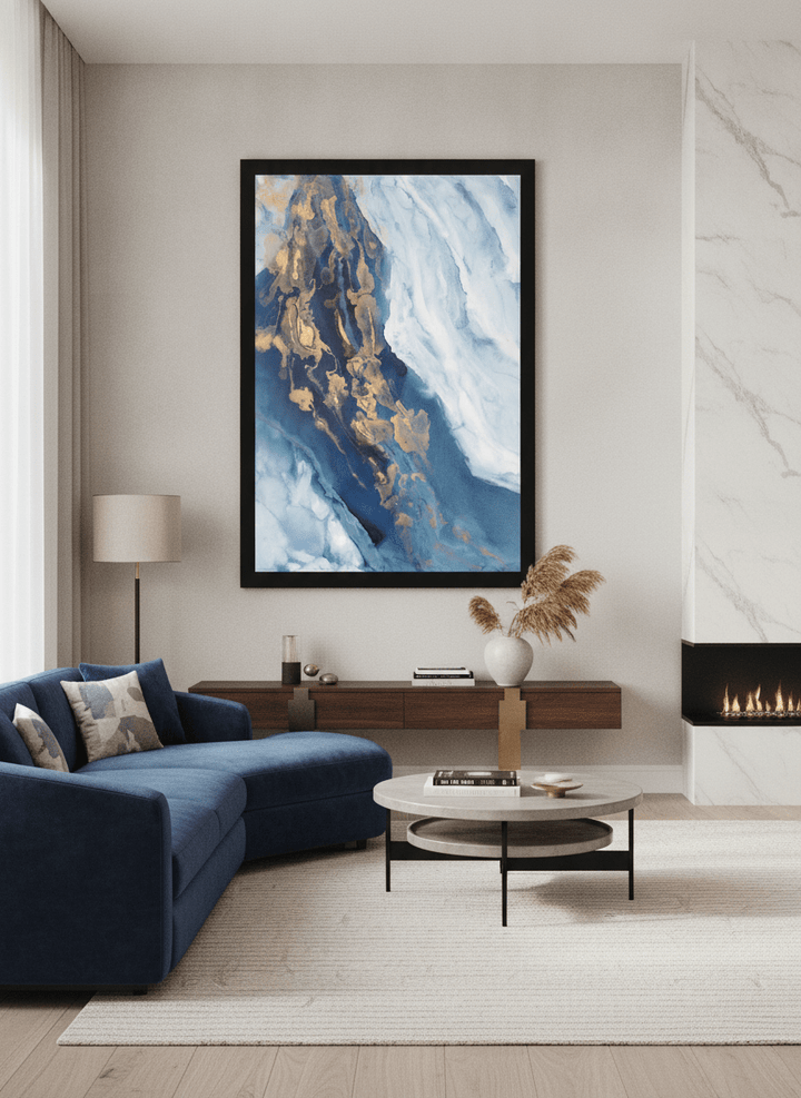 Monumental artwork centred on a feature wall in a luxe interior