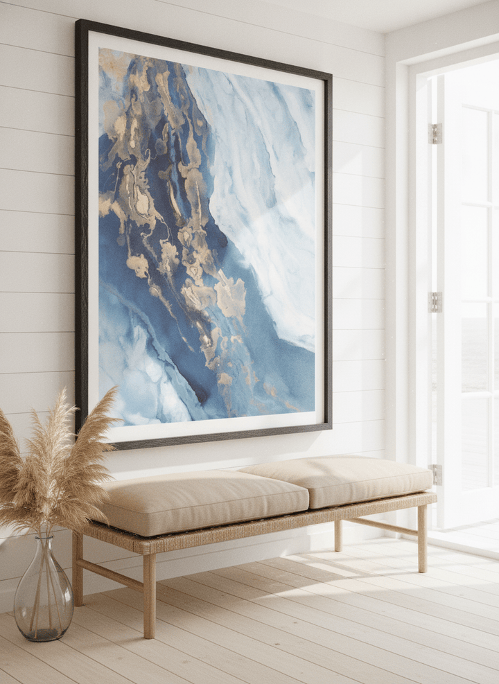 Neutral wall art displayed in a sunny coastal beach house