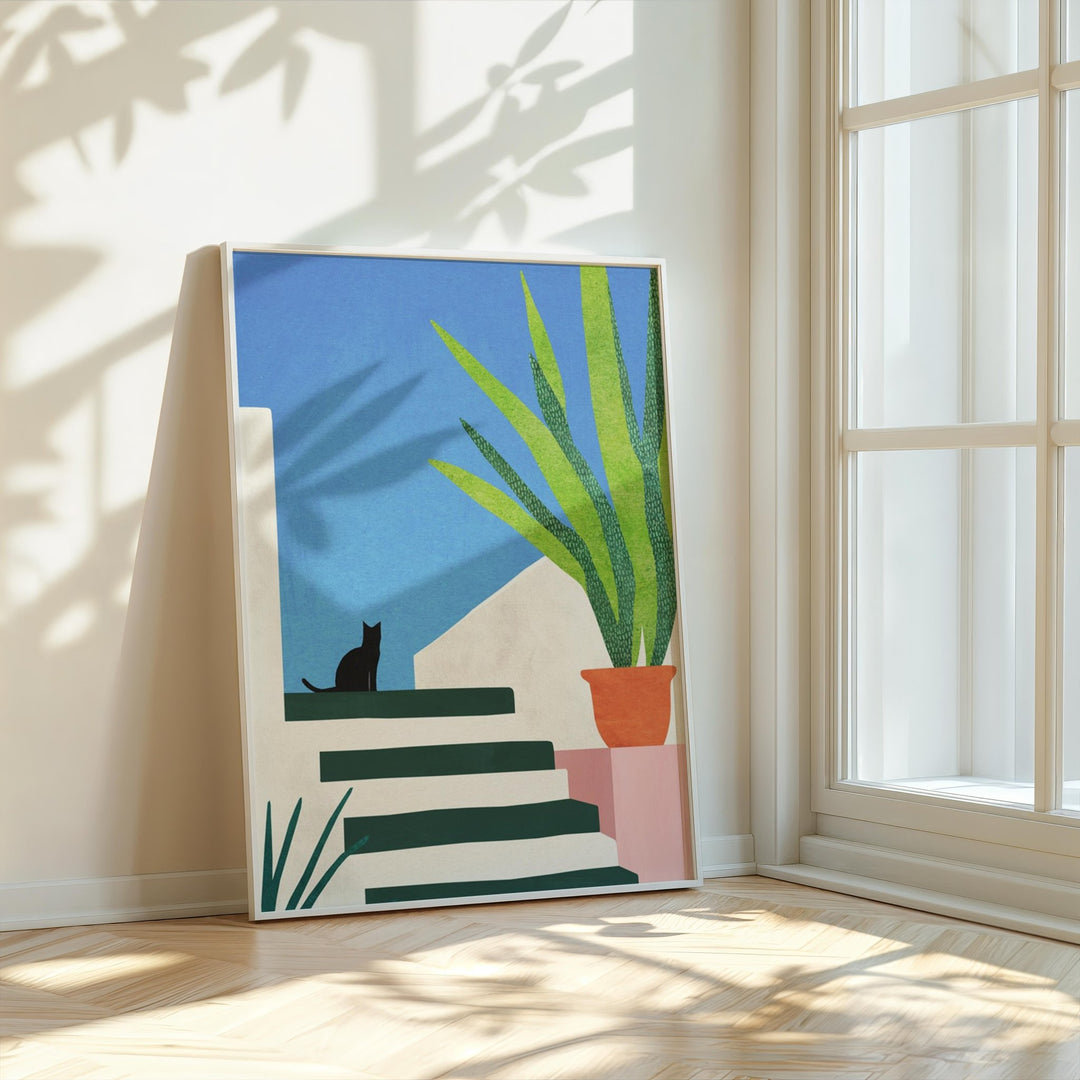 Artwork of cat near glass window