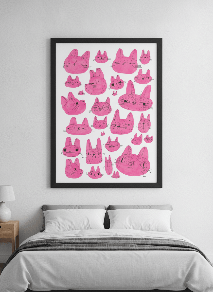 Minimalist artwork displayed in a calm, light-filled bedroom interior