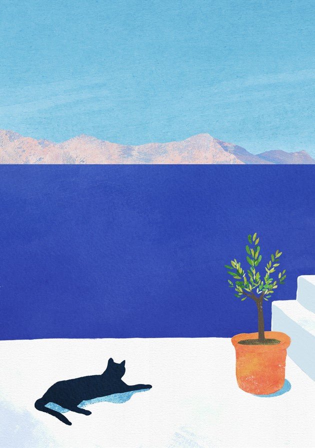 poster of black cat resting with a potted plant beside it with beach view on the background. framed