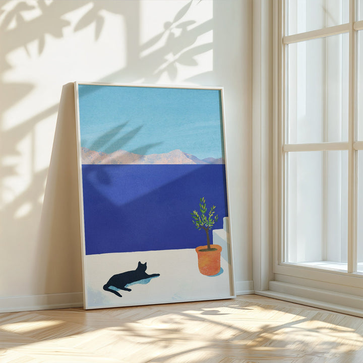 artwork of a cat and plant on a wall with sunlight casting shadows.