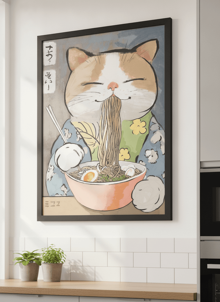 Artwork styled on the wall of a bright modern kitchen