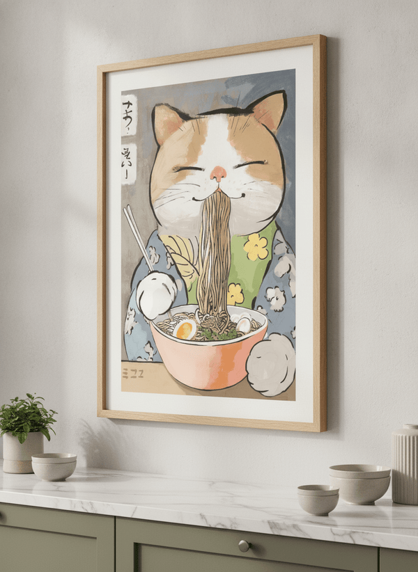 Cat Slurping Ramen Noodles By Mikoko