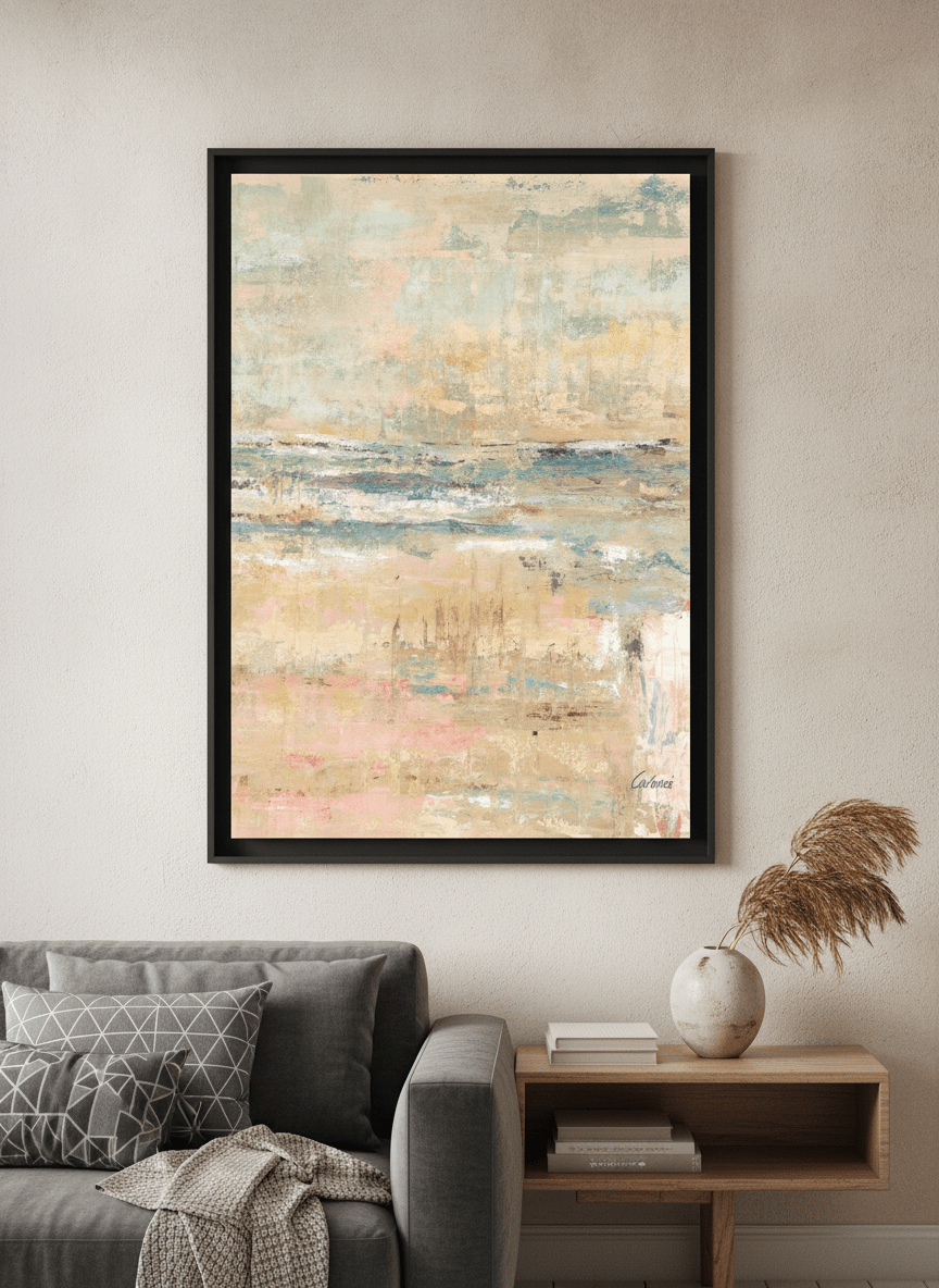 Modern wall art styled above a sofa in a neutral living room