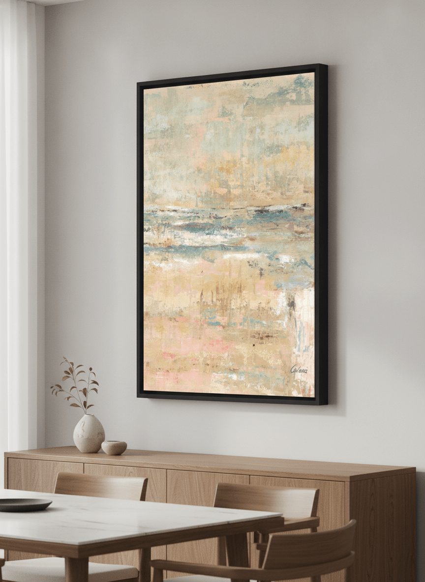 Wall art styled above a dining table in a contemporary home