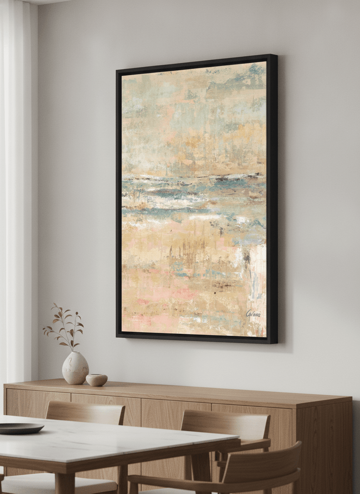 Wall art styled above a dining table in a contemporary home