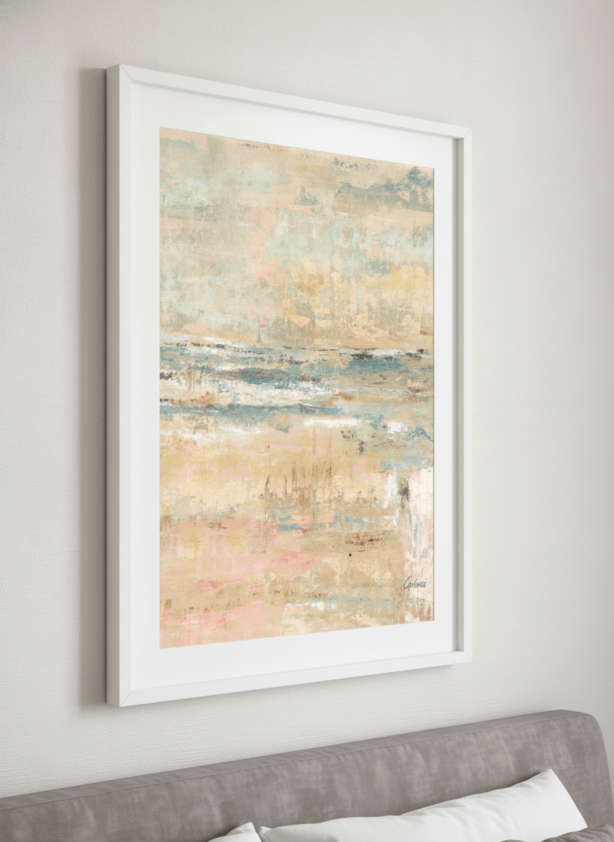 Minimalist artwork displayed in a calm, light-filled bedroom interior